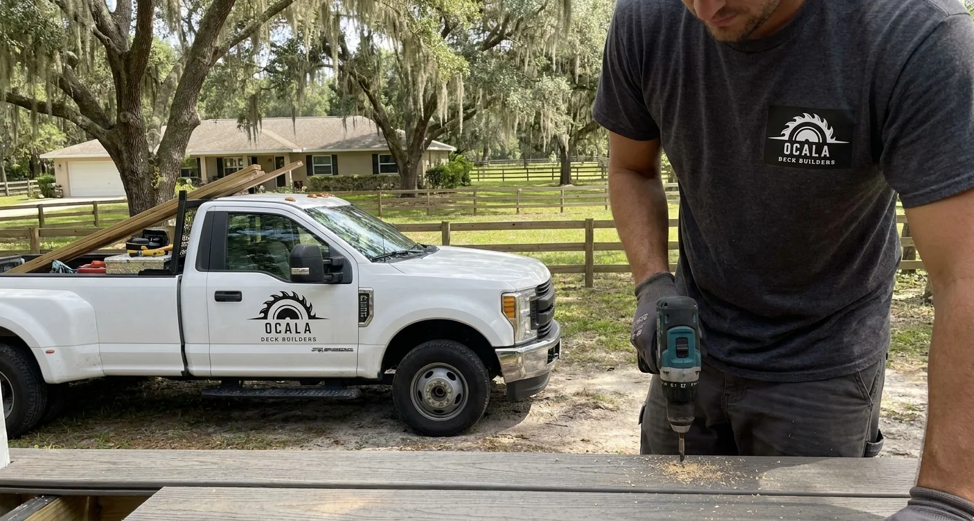 Ocala Deck Builders branded work truck at a job site