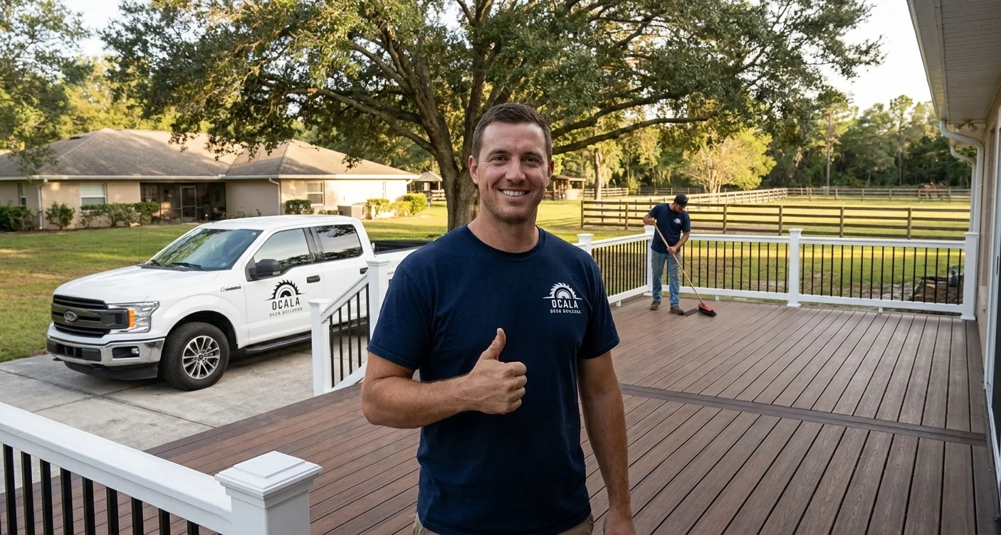 Ocala Deck Builders contractor giving a thumbs up on a finished composite deck